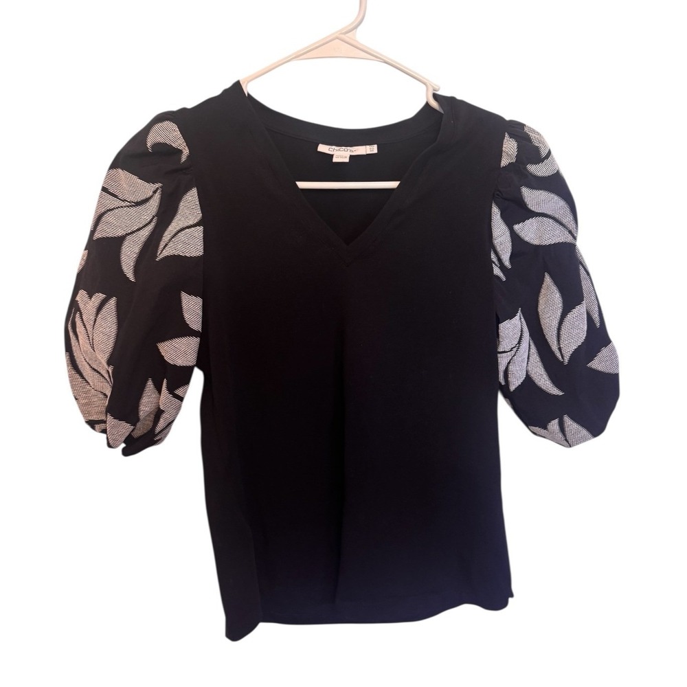 Chico's Black V-Neck Puff Sleeve Leaf Print Knit Top 00 US XS 570347728 textured